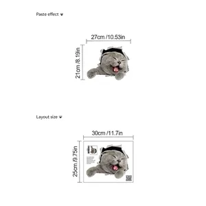 Größentabelle für 3D-Wandaufkleber mit grauem Katzenmotiv und Abmessungen der Montage