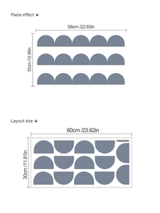 Dettaglio delle dimensioni e del layout degli adesivi murali grigi semicerchio