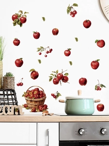 Realistic apple and cherry fruit basket wall decals applied on a white kitchen backsplash