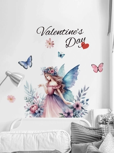 Macro detail of watercolor flower fairy wall sticker with pink dress and butterflies