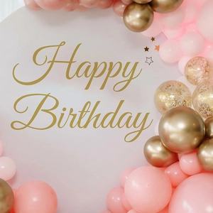 Pink and gold birthday party balloon set with Happy Birthday wall sticker backdrop