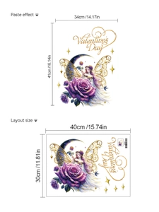 Detail layout of Valentine fairy and purple rose wall decals with paste size dimensions