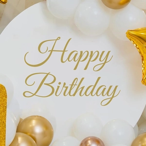 Golden Happy Birthday wall sticker set with elegant white and champagne gold balloons
