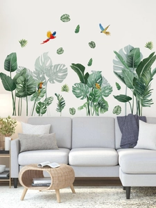 Détails des stickers muraux feuilles de monstera tropicales et perroquets colorés au salon