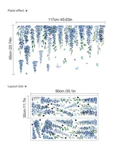 Size details for blue leaf wall decals showing paste effect and layout dimensions