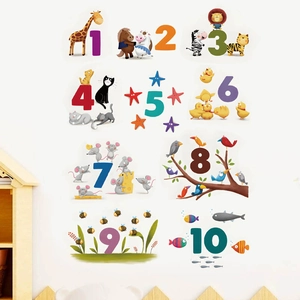 Educational cartoon animal number wall decals for kids room decor with 1-10 counting theme