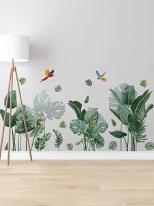Stickers muraux détaillés de feuilles de Monstera tropicales et perroquets pour salon chic