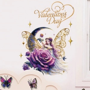 Romantic flower fairy wall sticker with purple roses and stars for Valentine's Day decor