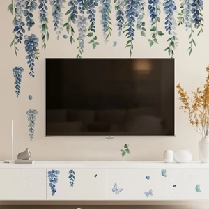 Blue Wisteria Flower Butterfly Wall Stickers PVC Removable Self Adhesive Floral Wall Decals For Living Room Bedroom Home Decor