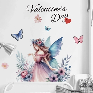 Dreamy flower fairy wall sticker with watercolor butterfly and floral motifs on white wall