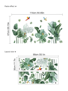 Détail des stickers muraux feuilles de monstera tropicales et perroquet avec dimensions
