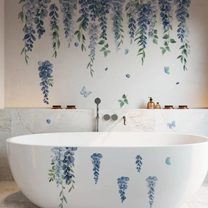 Blue wisteria flowers and butterfly wall decals for living room and bathroom decor