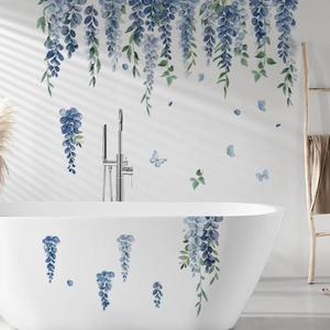 Blue leaves and wisteria flowers with butterfly wall stickers for bathroom and living room