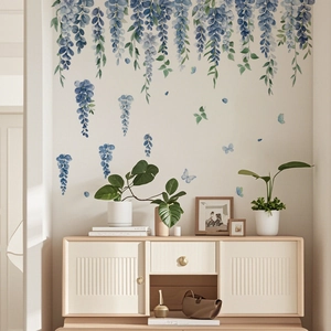 Self-adhesive blue wisteria flower and butterfly wall stickers for living room decoration