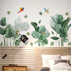 Stickers muraux tropicaux feuilles de monstera et perroquets pour déco de salon