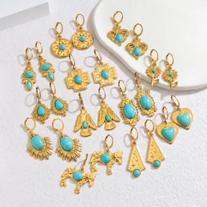 Bohemian Stainless Steel Turquoise Leverback Earrings For Women Vintage 18K Gold Plated Palace Style Dangle Earrings Jewelry