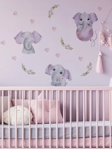 Detail of cute purple elephant wall stickers with pink hearts for nursery room decoration