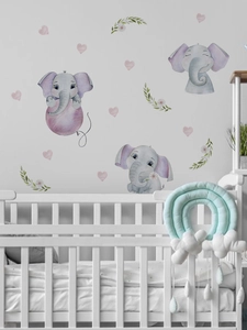 Detailed watercolor cartoon elephant wall stickers for baby room decor with heart motifs