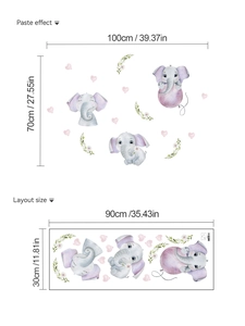 Detail view of cartoon purple elephant wall stickers with layout and display dimensions