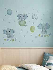Detail of baby boy nursery wall decals with watercolor elephants and blue balloons
