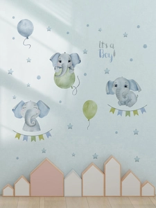 Detail of watercolor elephant wall stickers with blue balloons and It's a Boy flag