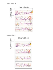Detail of unicorn wall stickers with inspirational quotes and dimensions for room decor