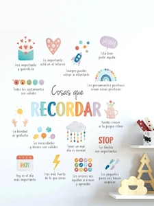 Detail of RECORDAR Spanish wall decals with rainbows and positive quotes for a nursery