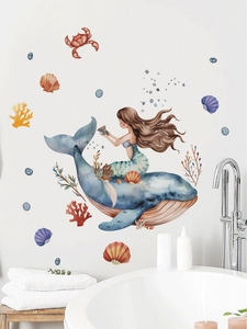 Detailed watercolor whale and mermaid wall stickers in a bathroom setting