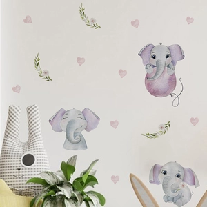 Cartoon Elephant Wall Stickers PVC Self-Adhesive Removable Watercolor Pink Hearts Purple Elephant Wall Decal for Nursery Kids Room
