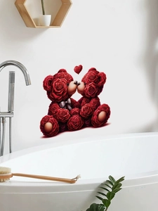 Romantic scene of two red rose kissing bears wall decal in a modern white bathroom