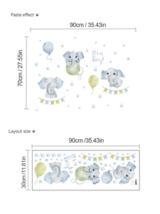 Detail view of cartoon blue elephant wall decals with layout and finished size dimensions