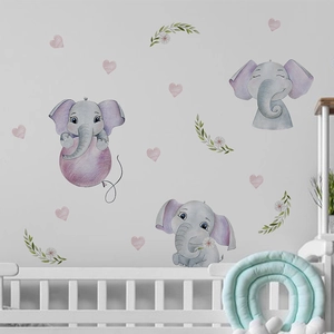 Cute purple baby elephant wall stickers with pink hearts for nursery room wall decor