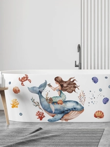 Detailed watercolor mermaid and whale self-adhesive wall stickers for bathroom bathtub decor