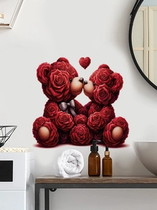 Detail of red rose heart-shaped bears wall stickers on a clean white bathroom wall