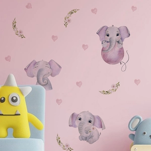 Cute purple elephant wall stickers with hearts for nursery and kids bedroom decor