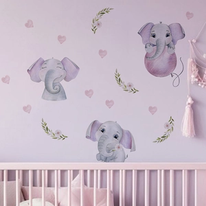 Cute cartoon elephant wall stickers in soft pink and purple for nursery wall decoration