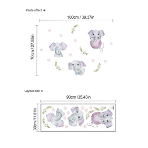 Cute purple elephant wall stickers with watercolor hearts and leaves for nursery decor