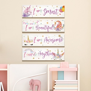 Inspirational unicorn wall decor set with four motivational wooden boards for girls room