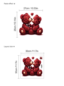 Detail view of red rose bear wall stickers showing dimensions and layout size for bathroom decor
