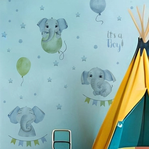 Watercolor blue elephant wall stickers with balloons and stars for nursery decor