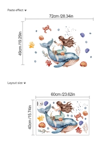 Watercolor mermaid and whale wall sticker with layout dimensions and product display
