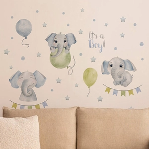 Blue elephant balloon wall sticker set for nursery with 'It's a Boy' decorative text