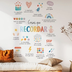 Spanish motivational wall stickers set with colorful icons for living room and bedroom
