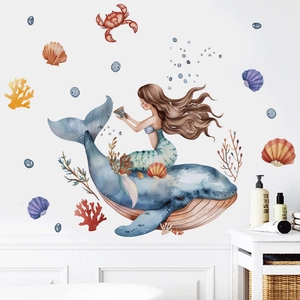 Watercolor Mermaid Riding Whale Wall Stickers Ocean Theme Removable PVC Decals For Bathroom Bathtub Nursery Kids Room Home Decor