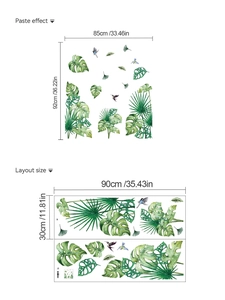 Detail showing tropical plant wall sticker layout size and finished paste effect