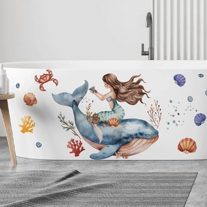 Watercolour mermaid and whale wall stickers for bathroom tiles and bathtub decoration