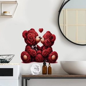 Romantic red rose bears and hearts wall sticker for bathroom and home decor