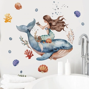 Waterproof watercolor mermaid and whale wall sticker for bathroom decor