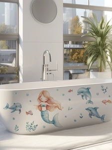 Détail de stickers muraux sirène et dauphin auto-adhésifs sur le côté d'une baignoire moderne