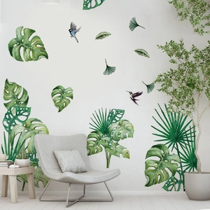 Tropical Green Plants Birds Wall Stickers PVC Removable Watercolor Monstera Palm Leaves Wall Art Decor For Living Room Bedroom